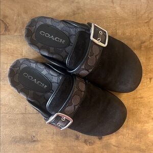 Coach Black Suede Clogs with Silver Buckle